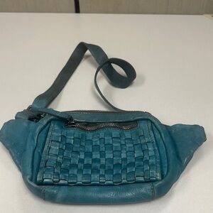 Vilenca Holland Teal Blue Woven Leather Crossbody Fanny Pack Bag